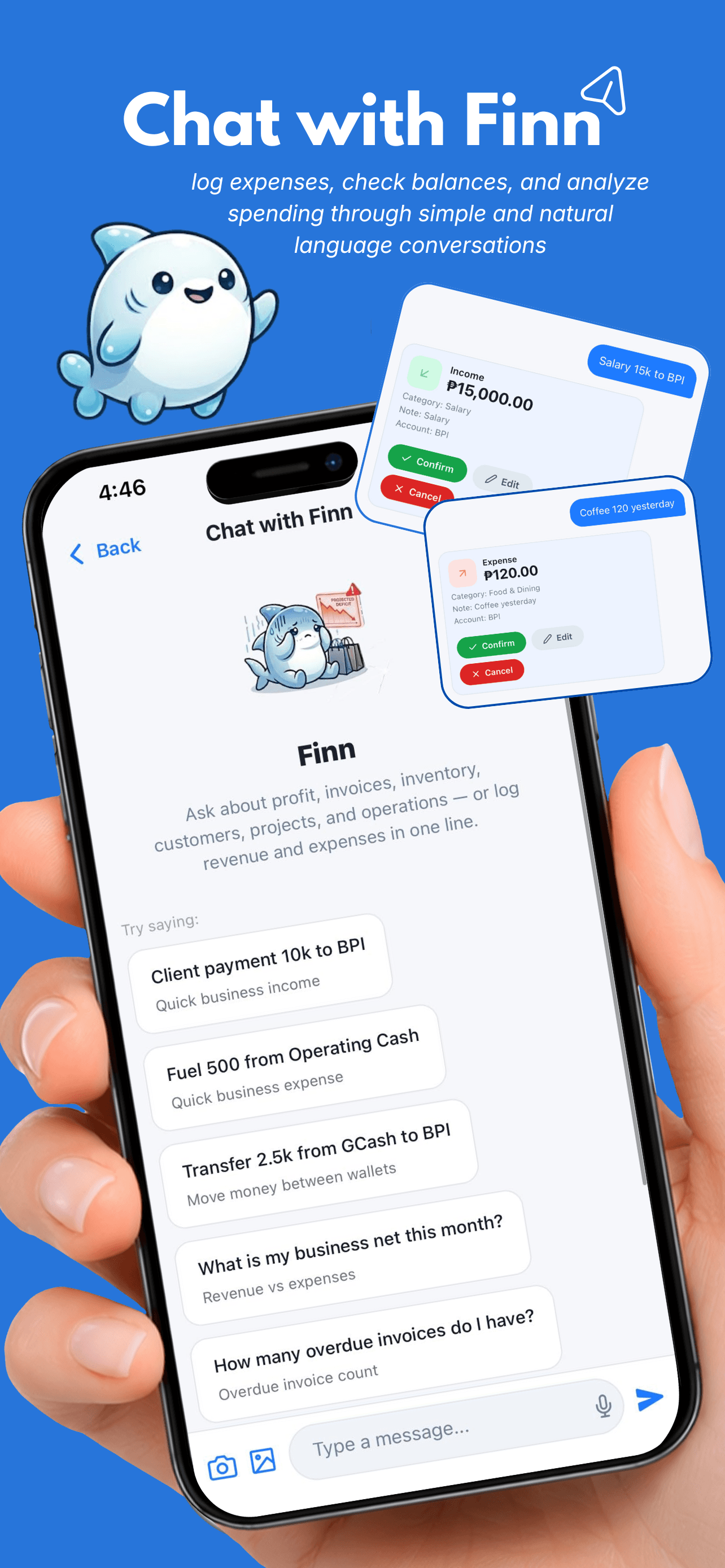 Chat with Finn marketing poster showing AI-assisted finance actions in Finsharc