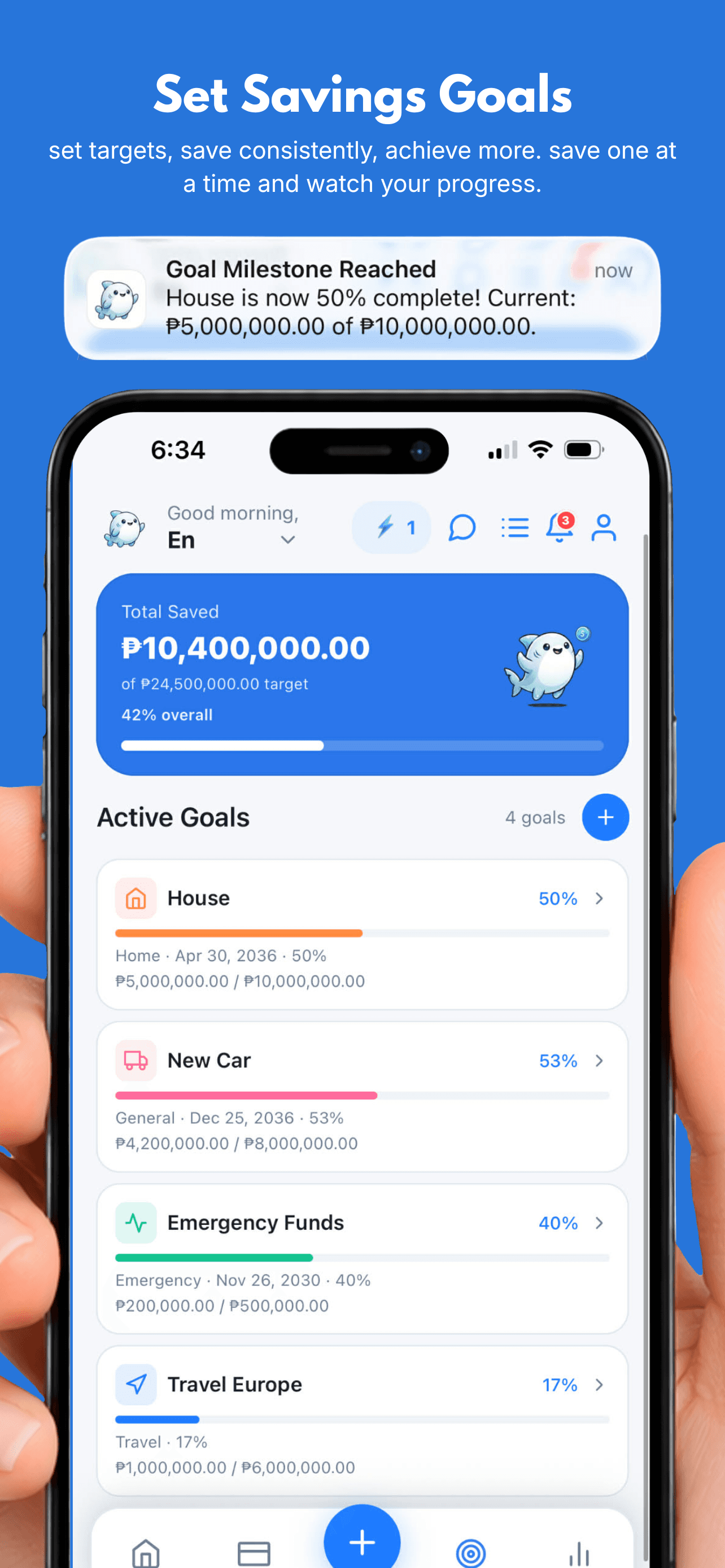 Finsharc savings goals marketing poster showing multiple active goals and progress bars.