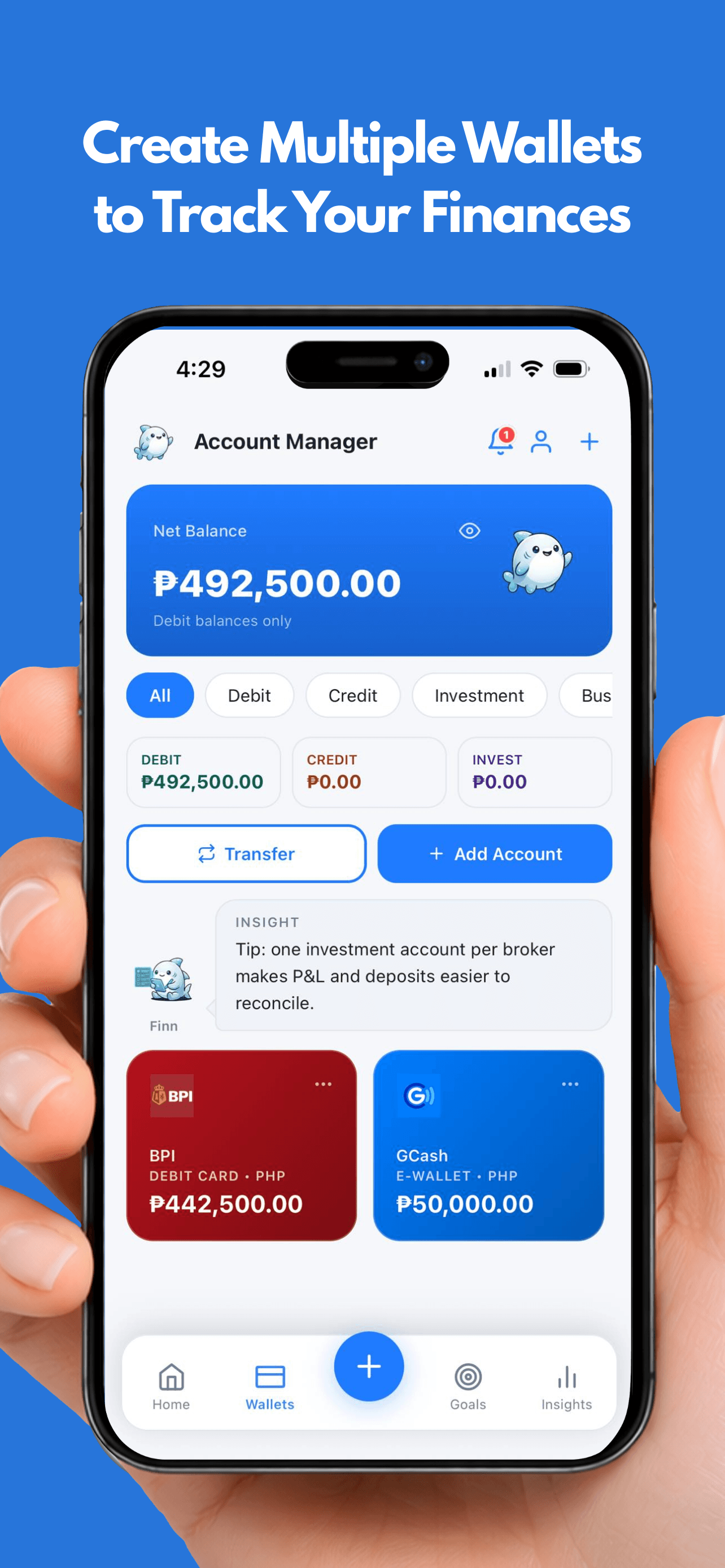 Finsharc wallets and accounts overview on iOS
